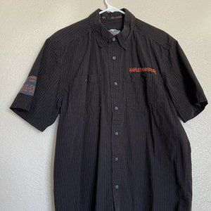 Harley-Davidson Button Front Embroidered Mens Shirt Short Sleeved Orange Black M